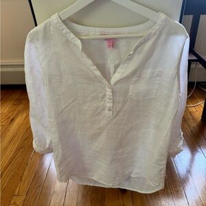 Lily Pulitzer XS white 100% linen shirt; 3/4 sleeves; easy/roomy fit